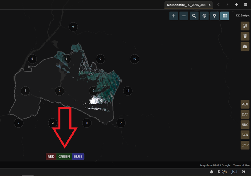 Arrow pointing at the red, green and blue bands