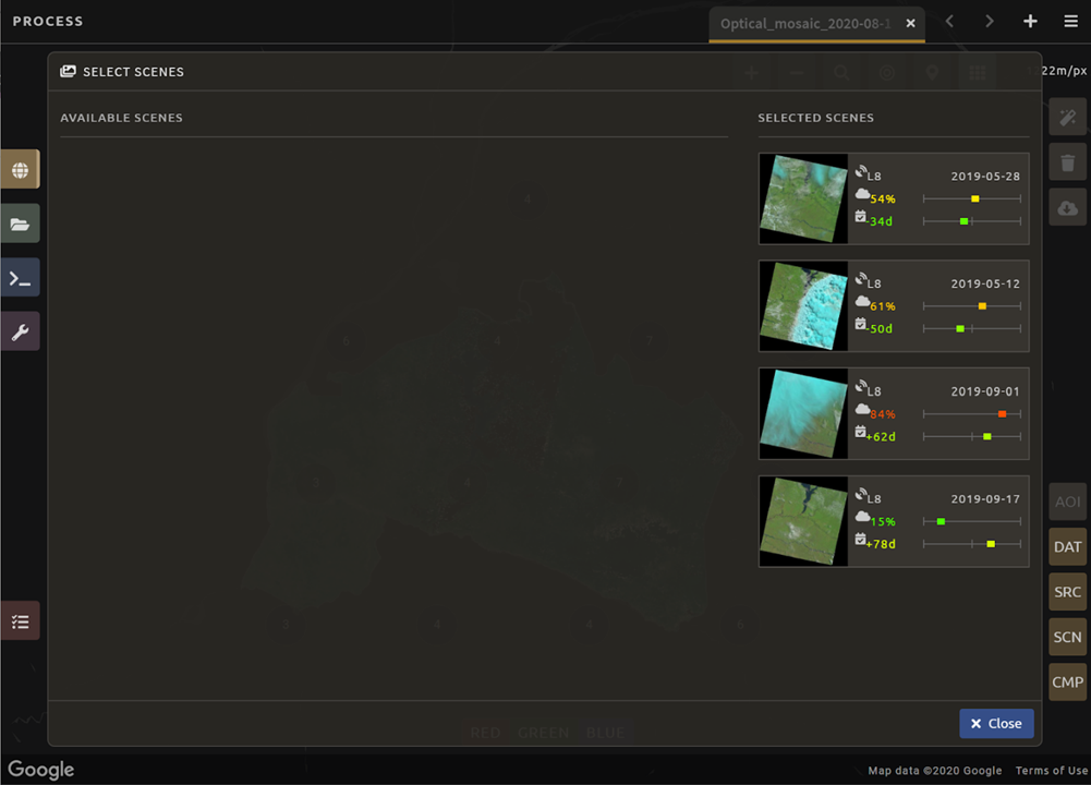 The **Select scenes** interface showing **0** available and **4** selected scenes