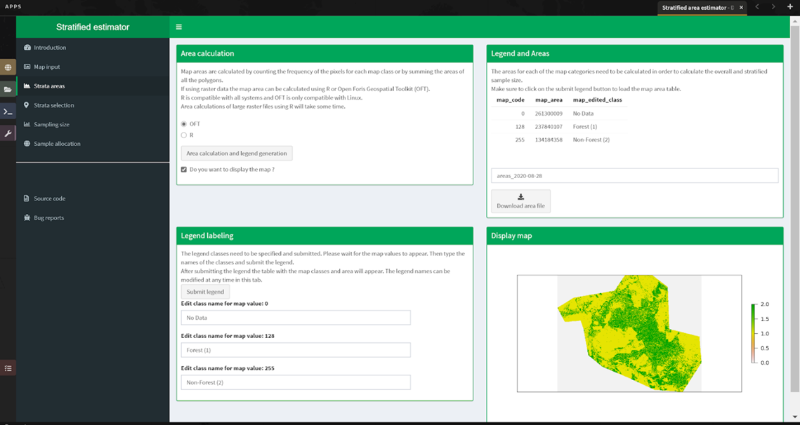 Stratified estimator tool showing the display map and legend and areas filled out